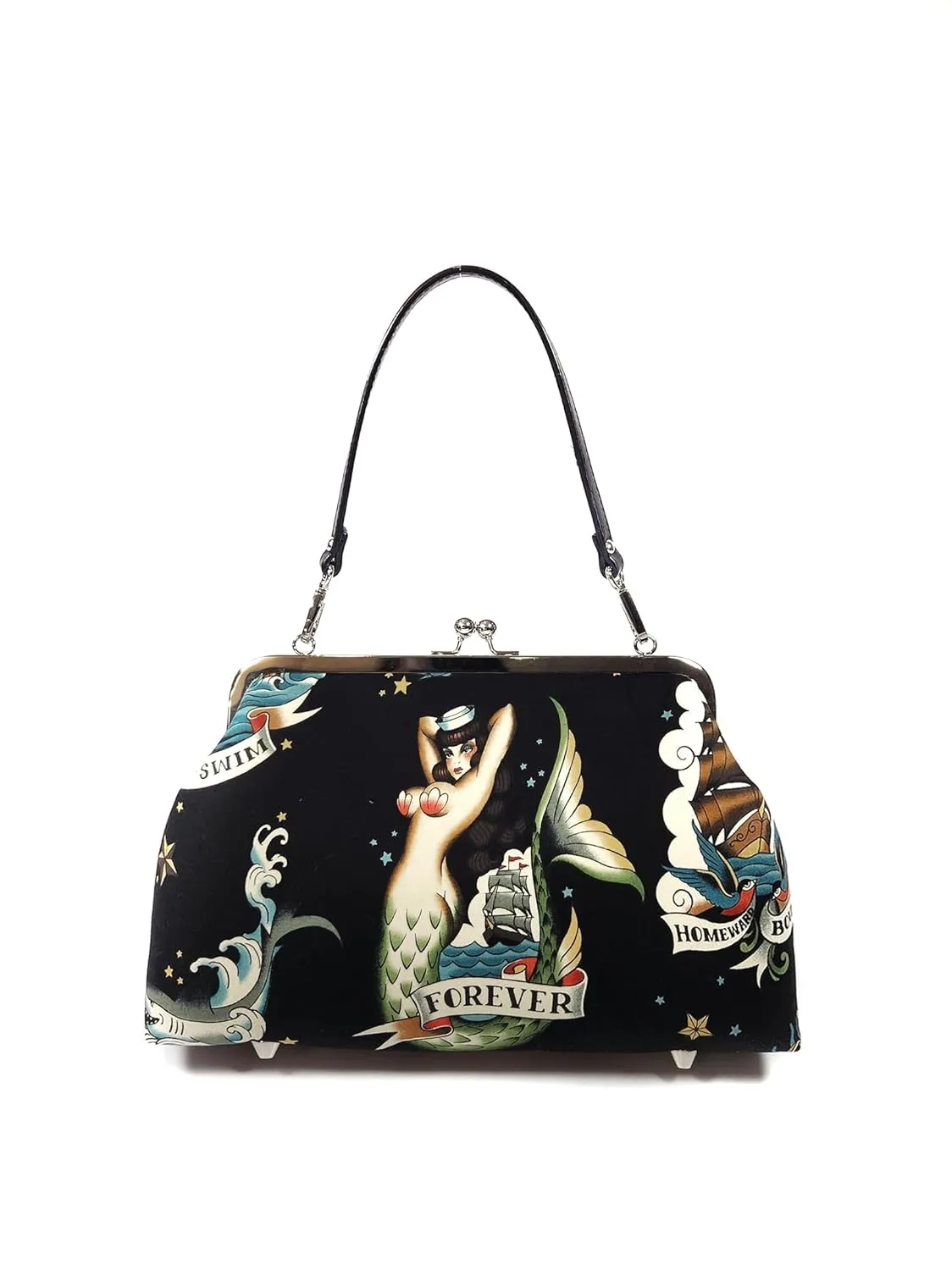 Rockabilly Mermaid Tattoo Kisslock Purse Shoulder Bag Crossbody Bag (Adjustable Crossbody)