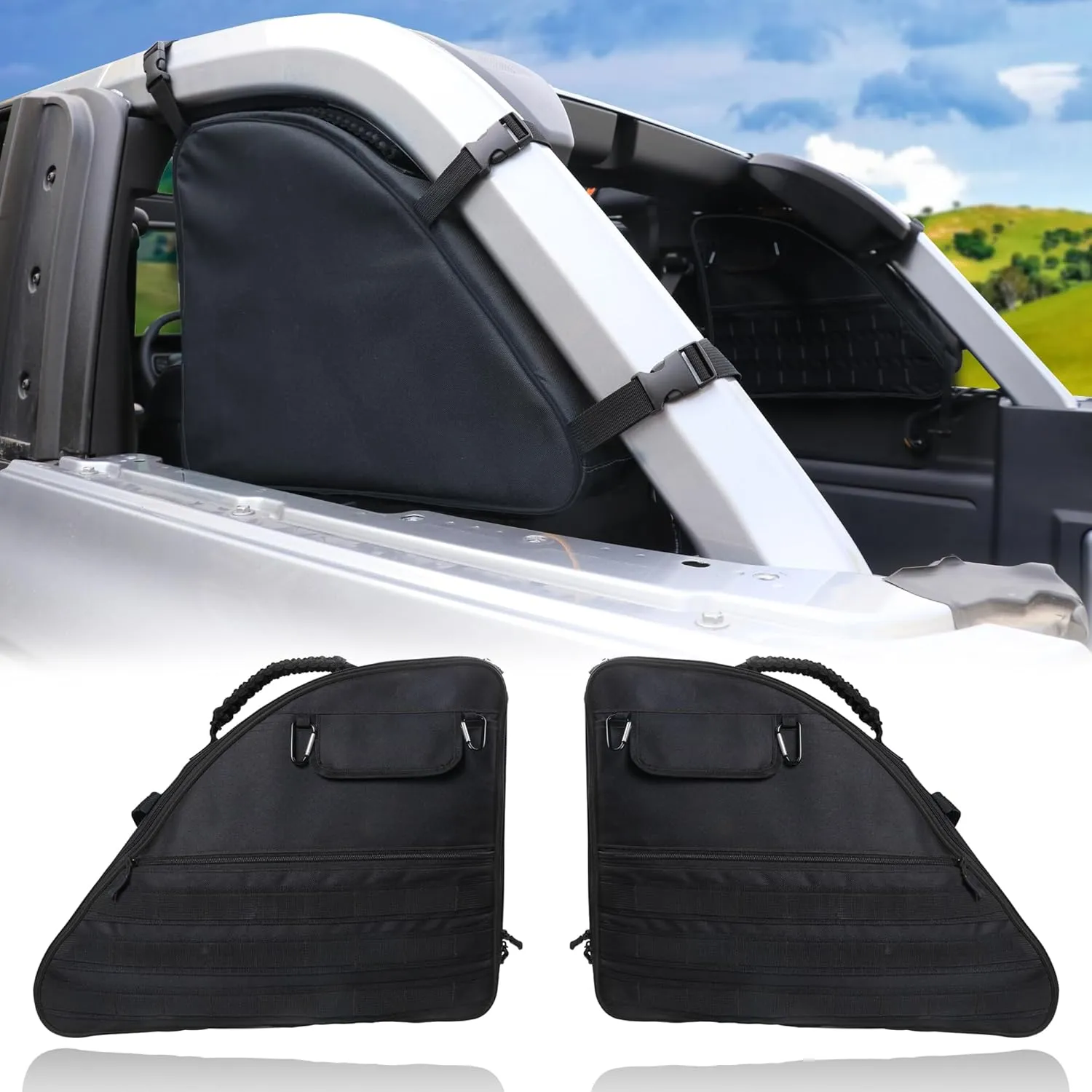 Roll Bar Storage Bag for 2021 2022 2023 2024 2025 Ford Bronco 4 Door Interior Accessories Trunk Organizer Cargo Cage Saddlebag Tool Kits Holder Multi Pocket Handbags, All Black 2 Pack