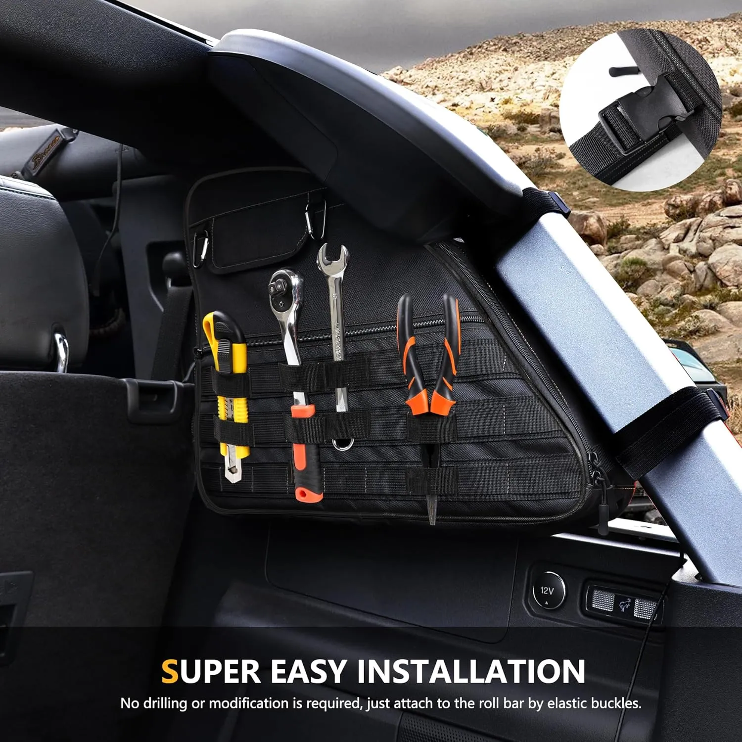Roll Bar Storage Bag for 2021 2022 2023 2024 2025 Ford Bronco 4 Door Interior Accessories Trunk Organizer Cargo Cage Saddlebag Tool Kits Holder Multi Pocket Handbags, All Black 2 Pack