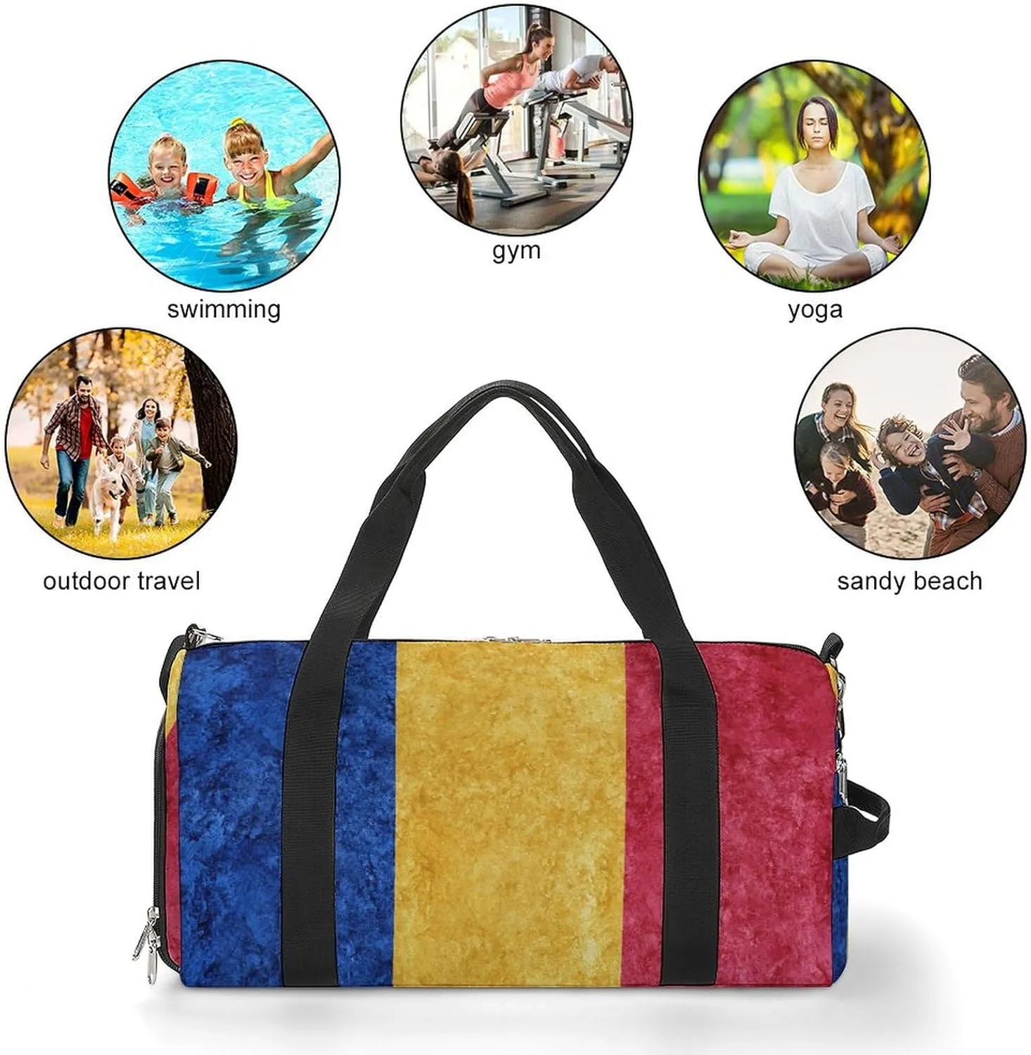 Romanian Flag Textured Sports Duffel with Shoe Compartment and Wet Pocket for Travel Gym