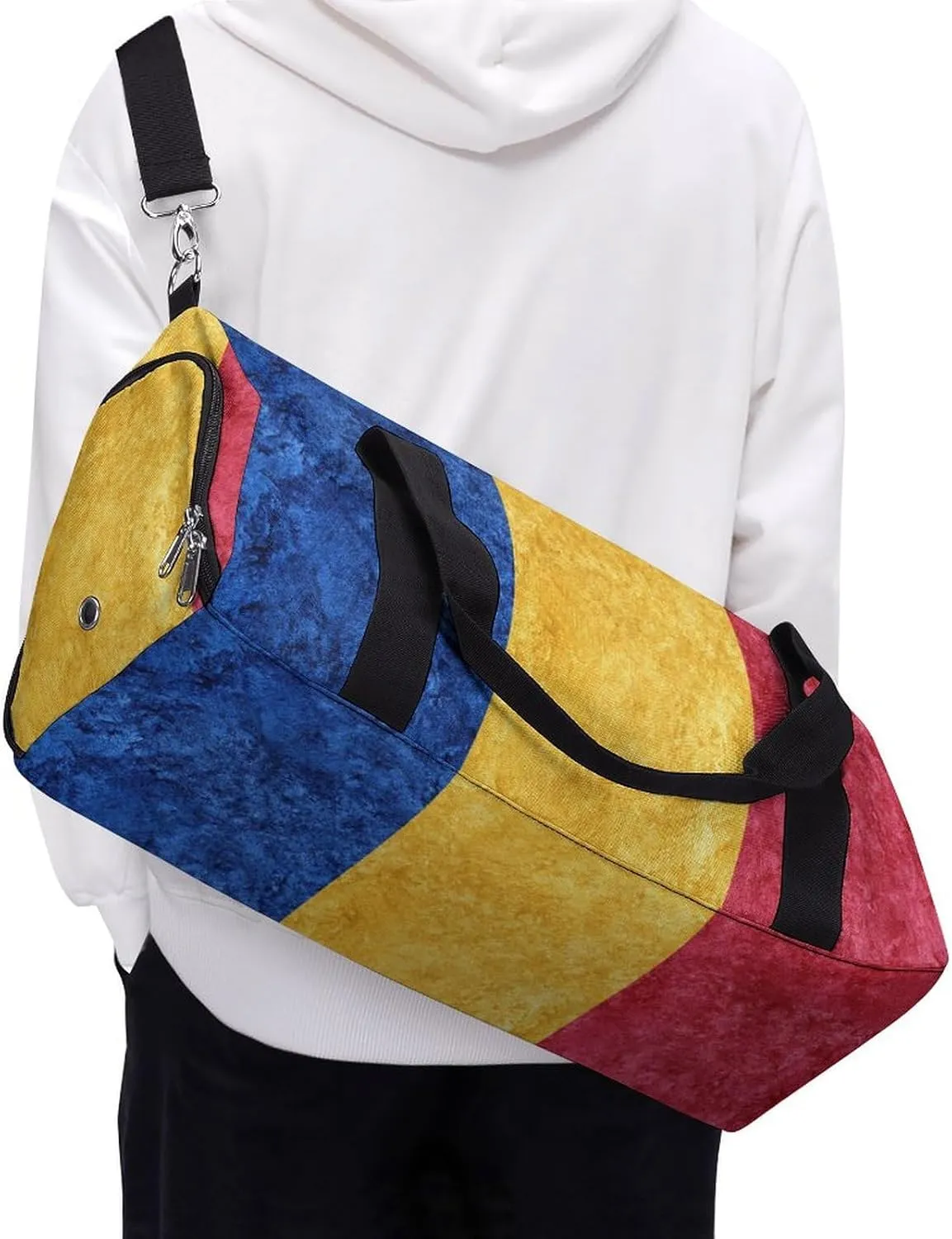 Romanian Flag Textured Sports Duffel with Shoe Compartment and Wet Pocket for Travel Gym