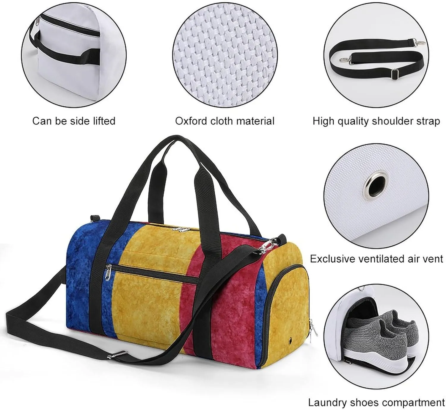 Romanian Flag Textured Sports Duffel with Shoe Compartment and Wet Pocket for Travel Gym