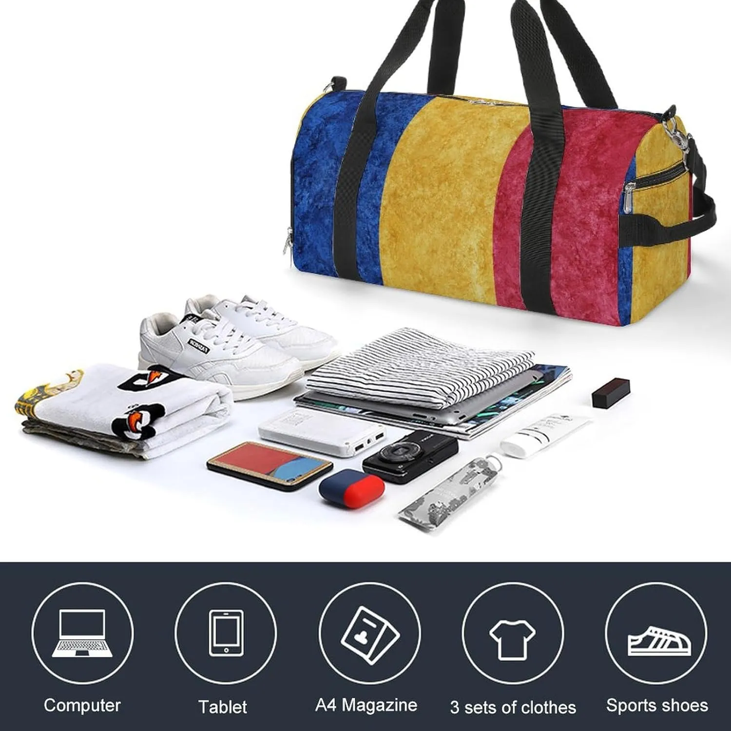 Romanian Flag Textured Sports Duffel with Shoe Compartment and Wet Pocket for Travel Gym