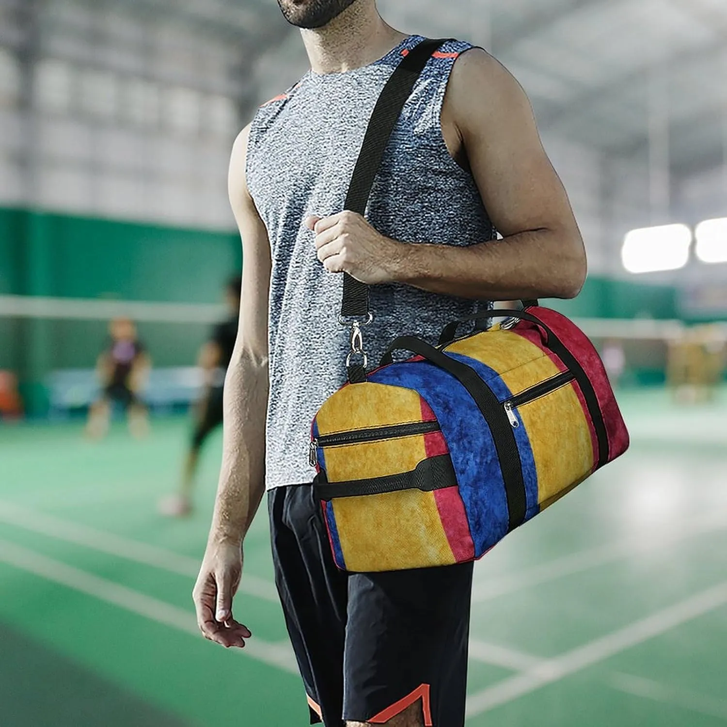 Romanian Flag Textured Sports Duffel with Shoe Compartment and Wet Pocket for Travel Gym