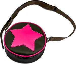 Round retro shoulder bag military green novel pink five-star decoration waterproof adjustable shoulder strap crossbody bag