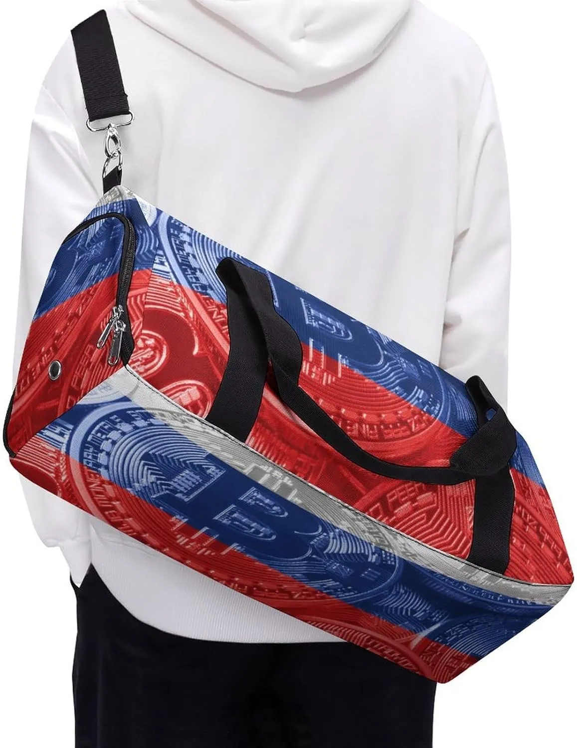Russia Flag Bitcoin Travel Duffel Bag with Shoe Compartment for Yoga and Sports