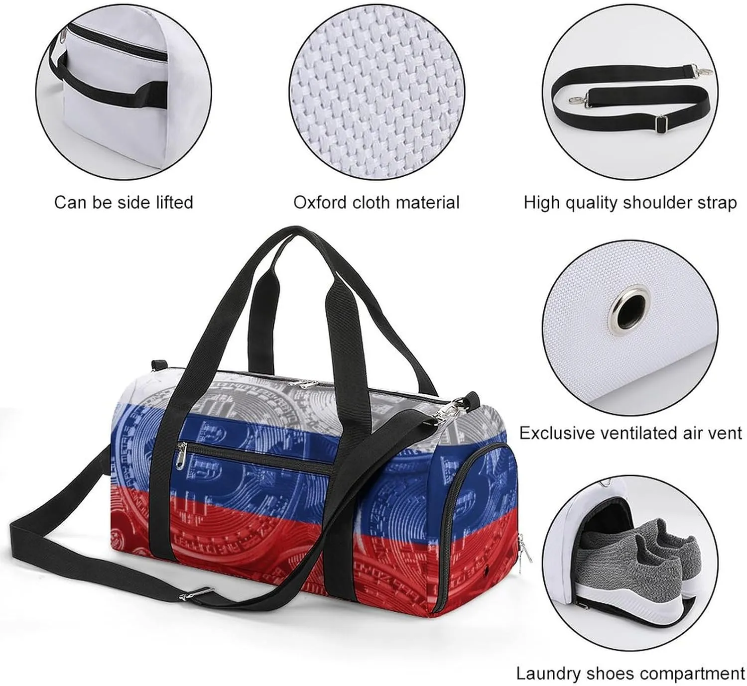Russia Flag Bitcoin Travel Duffel Bag with Shoe Compartment for Yoga and Sports