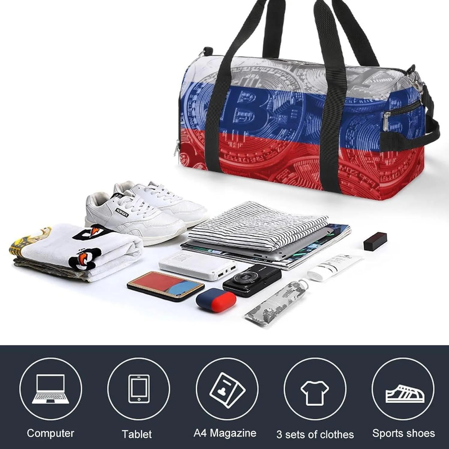 Russia Flag Bitcoin Travel Duffel Bag with Shoe Compartment for Yoga and Sports