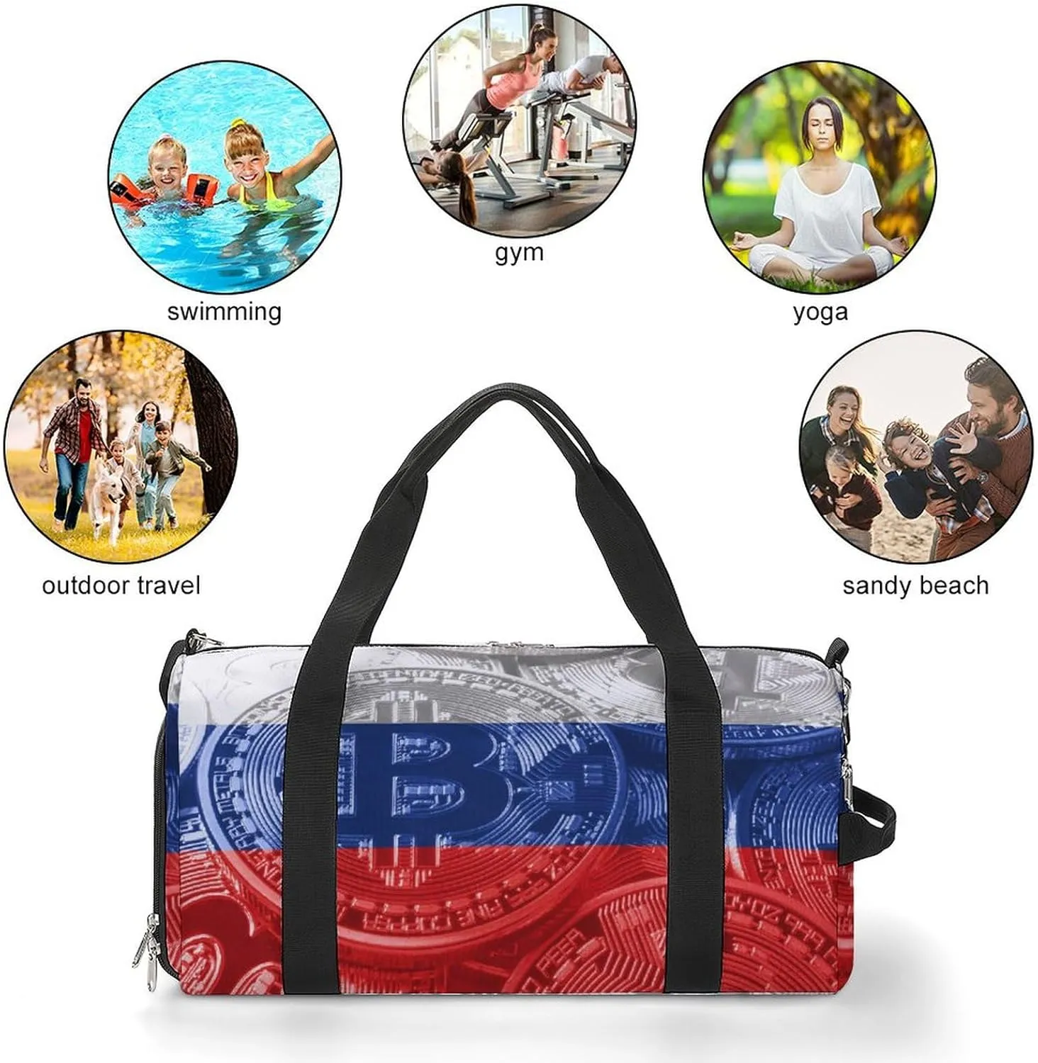 Russia Flag Bitcoin Travel Duffel Bag with Shoe Compartment for Yoga and Sports