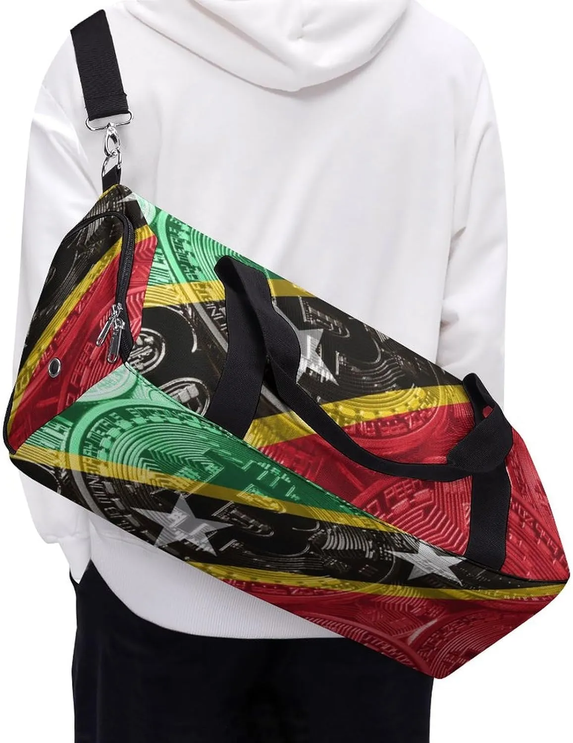 Saint Kitts Flag Bitcoin Travel Duffel Bag with Shoe Compartment for Yoga and Sports