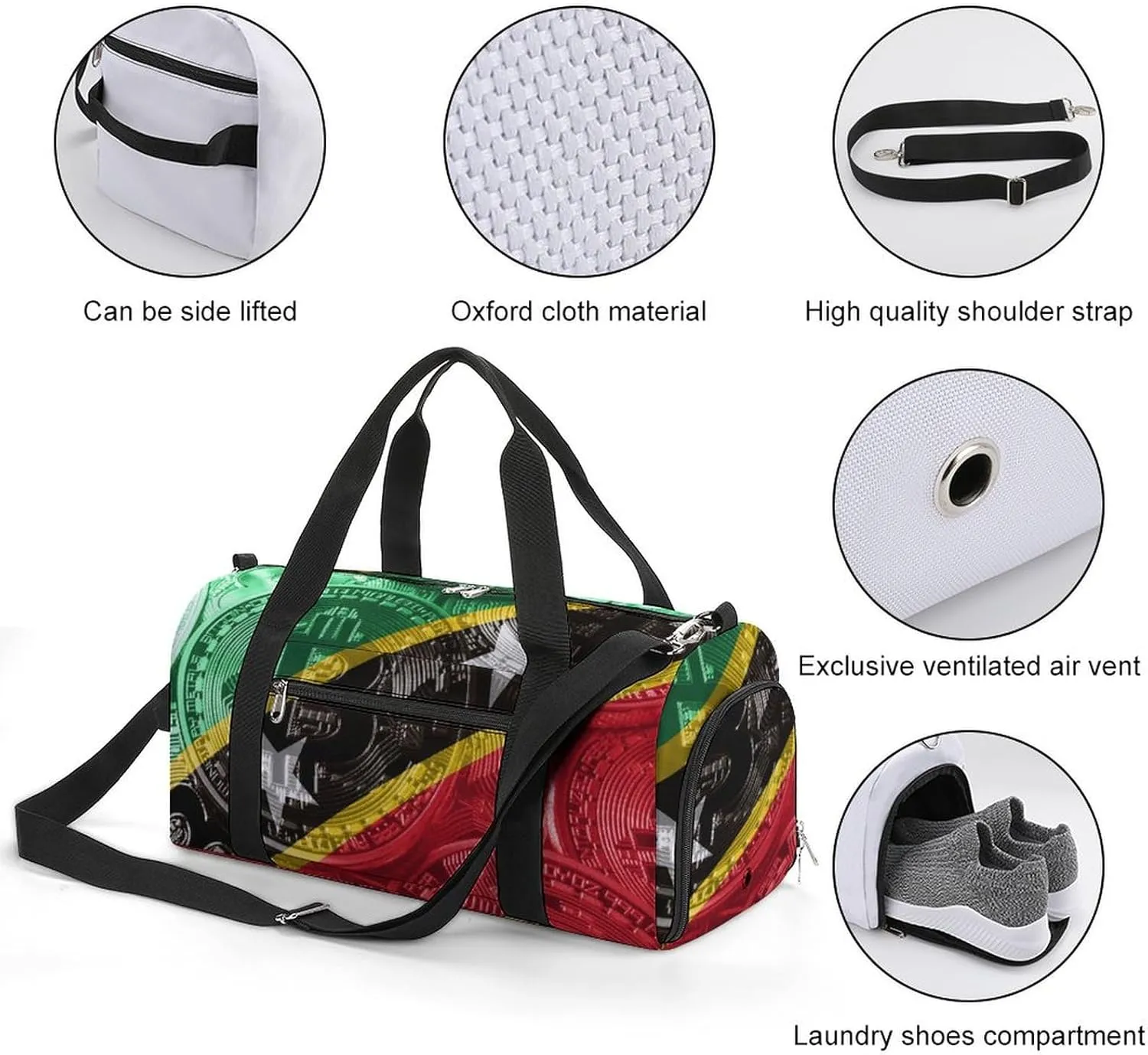 Saint Kitts Flag Bitcoin Travel Duffel Bag with Shoe Compartment for Yoga and Sports