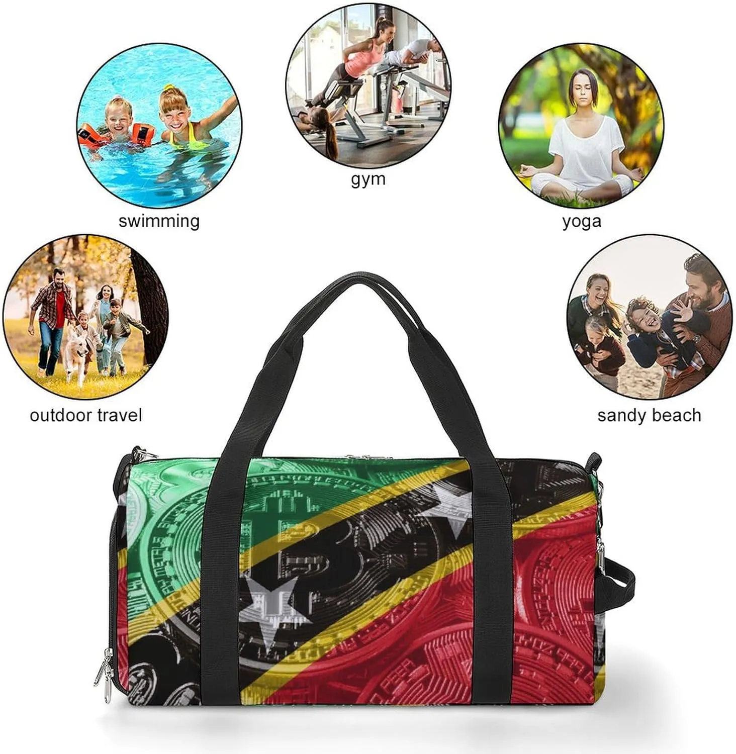 Saint Kitts Flag Bitcoin Travel Duffel Bag with Shoe Compartment for Yoga and Sports