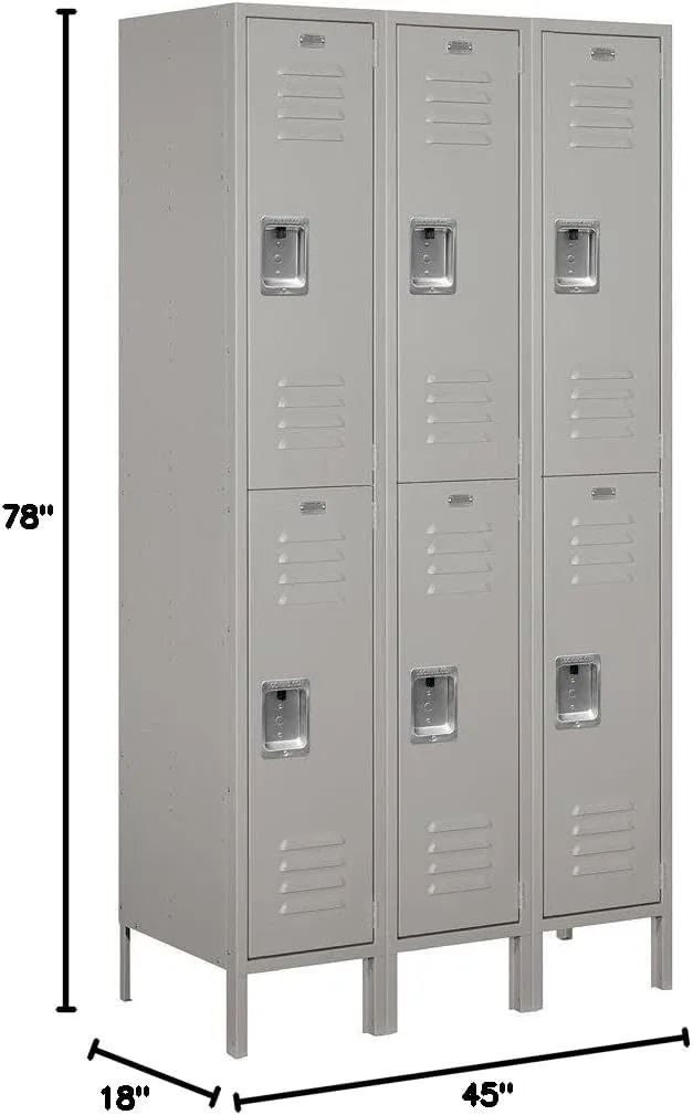 Salsbury Industries Assembled 2-Tier Extra Wide Standard Metal Locker with Three Wide Storage Units, 6-Feet High by 18-Inch Deep, Gray