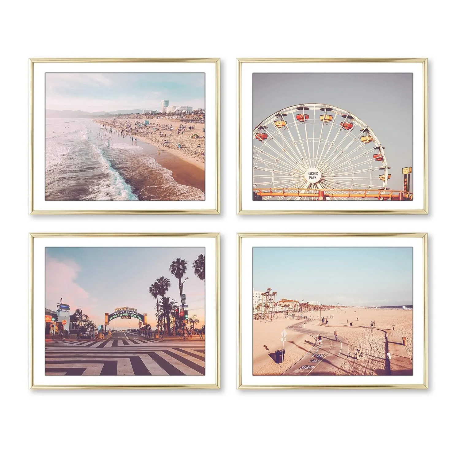 Santa Monica & Venice Beach Photography Photographic Prints, Set of 4, Unframed, Ferris Wheel, Pacific, Beach Walk, Boardwalk Art Decor Poster Sign, 8x10 Inches