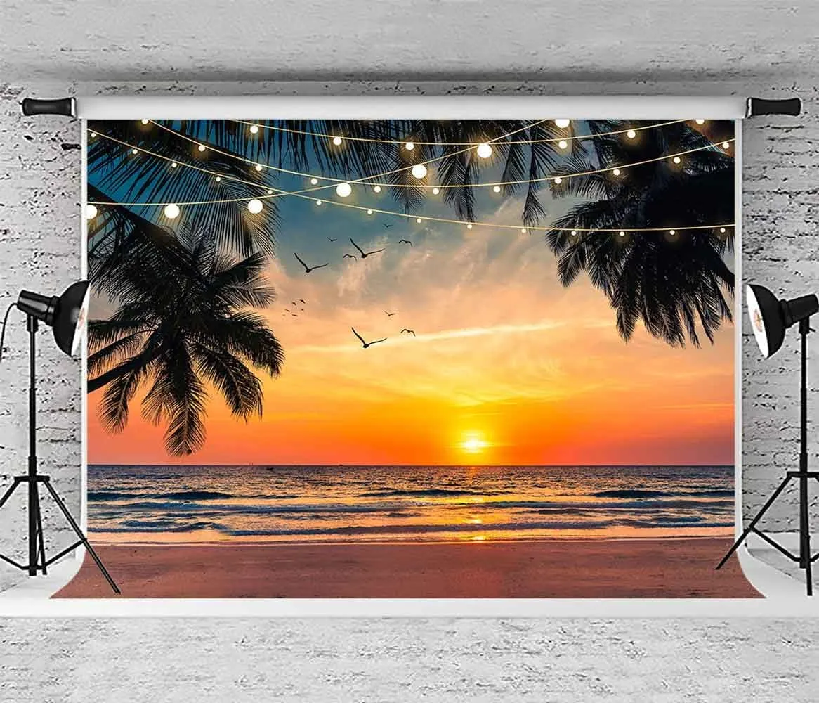 Sensfun Sea Beach Sunset Backdrop Hawaii Tropical Palm Trees Luau Party Photography Background Summer Seaside Vacation Wedding Birthday Baby Shower Party Decorations Banner Photo Booth Props 10x7ft