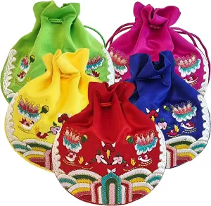 Seoulful Vintage Korean Embroidered Bokjumeoni - 5-Piece Traditional Lucky Pouch Set with Decorative Symbols - Hanbok Fortune Gifts Bag