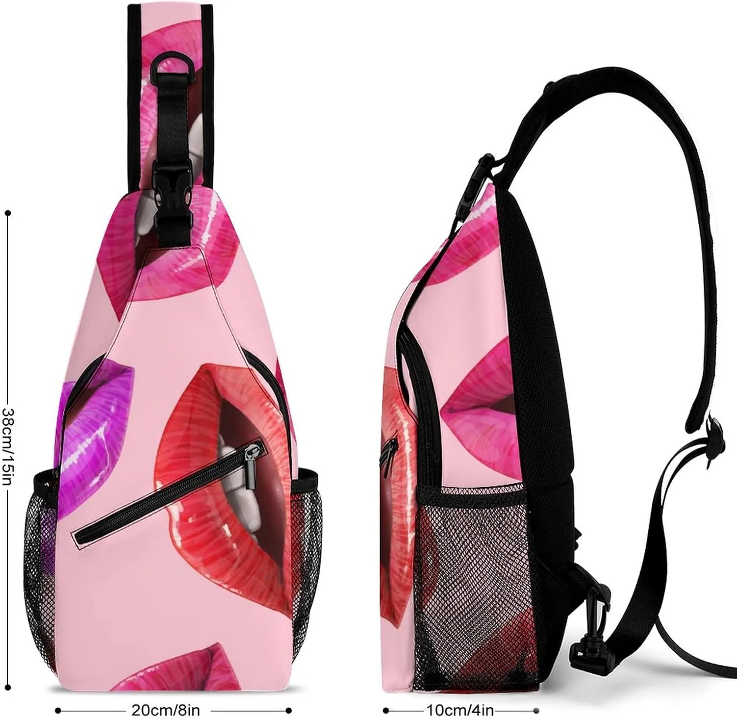 Sexy Lips 3D Crossbody Sling Backpack Pink Sweet Mouth Sling Bag Adjustable Travel Hiking Chest Bags Daypack