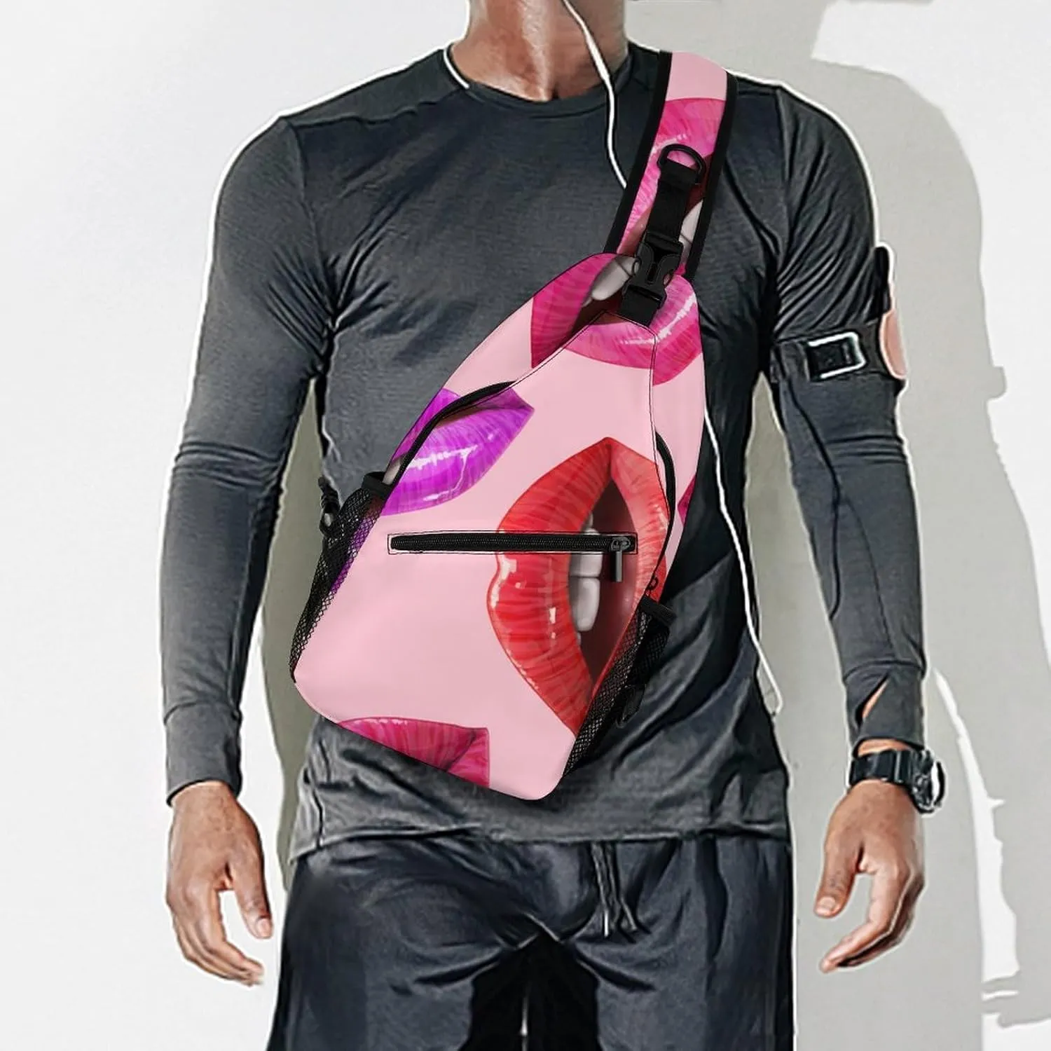 Sexy Lips 3D Crossbody Sling Backpack Pink Sweet Mouth Sling Bag Adjustable Travel Hiking Chest Bags Daypack