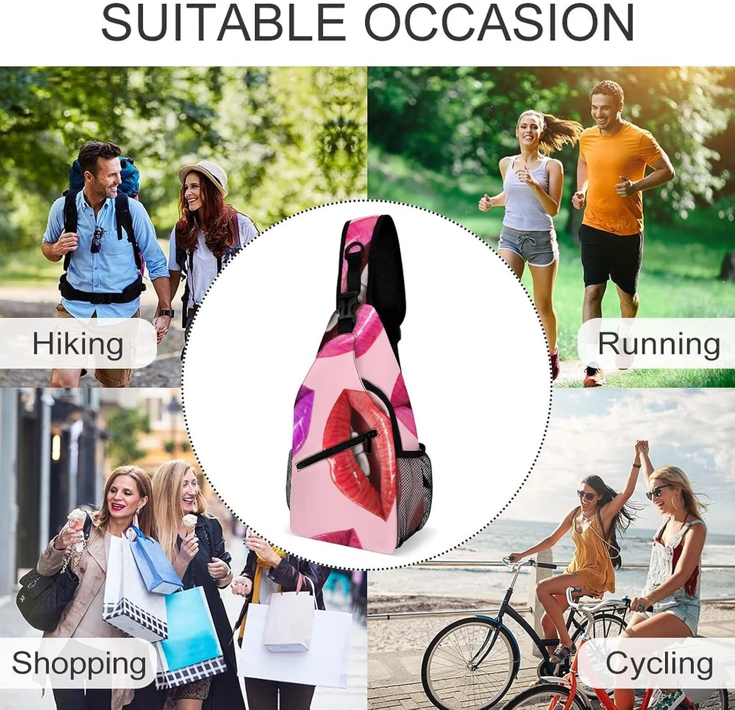 Sexy Lips 3D Crossbody Sling Backpack Pink Sweet Mouth Sling Bag Adjustable Travel Hiking Chest Bags Daypack