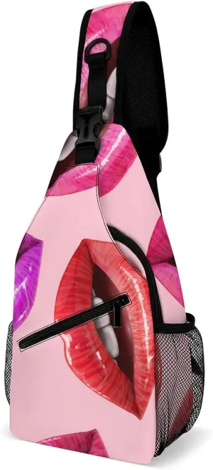Sexy Lips 3D Crossbody Sling Backpack Pink Sweet Mouth Sling Bag Adjustable Travel Hiking Chest Bags Daypack