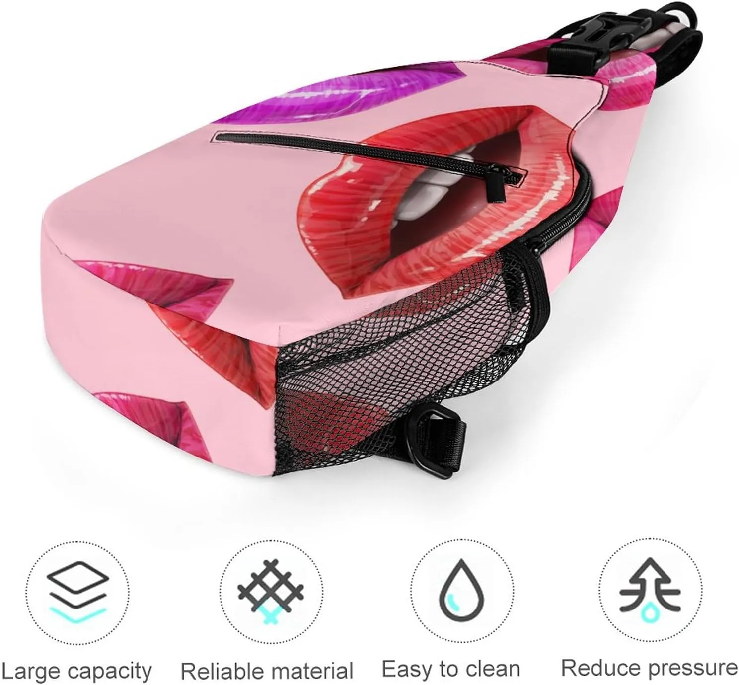 Sexy Lips 3D Crossbody Sling Backpack Pink Sweet Mouth Sling Bag Adjustable Travel Hiking Chest Bags Daypack