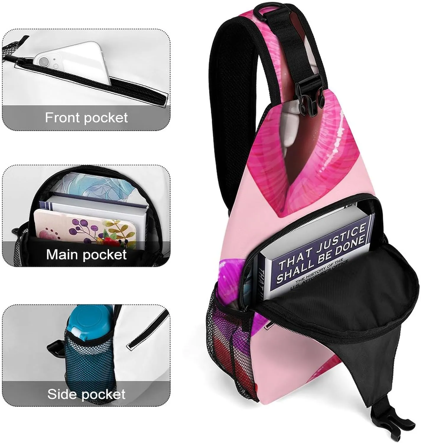 Sexy Lips 3D Crossbody Sling Backpack Pink Sweet Mouth Sling Bag Adjustable Travel Hiking Chest Bags Daypack