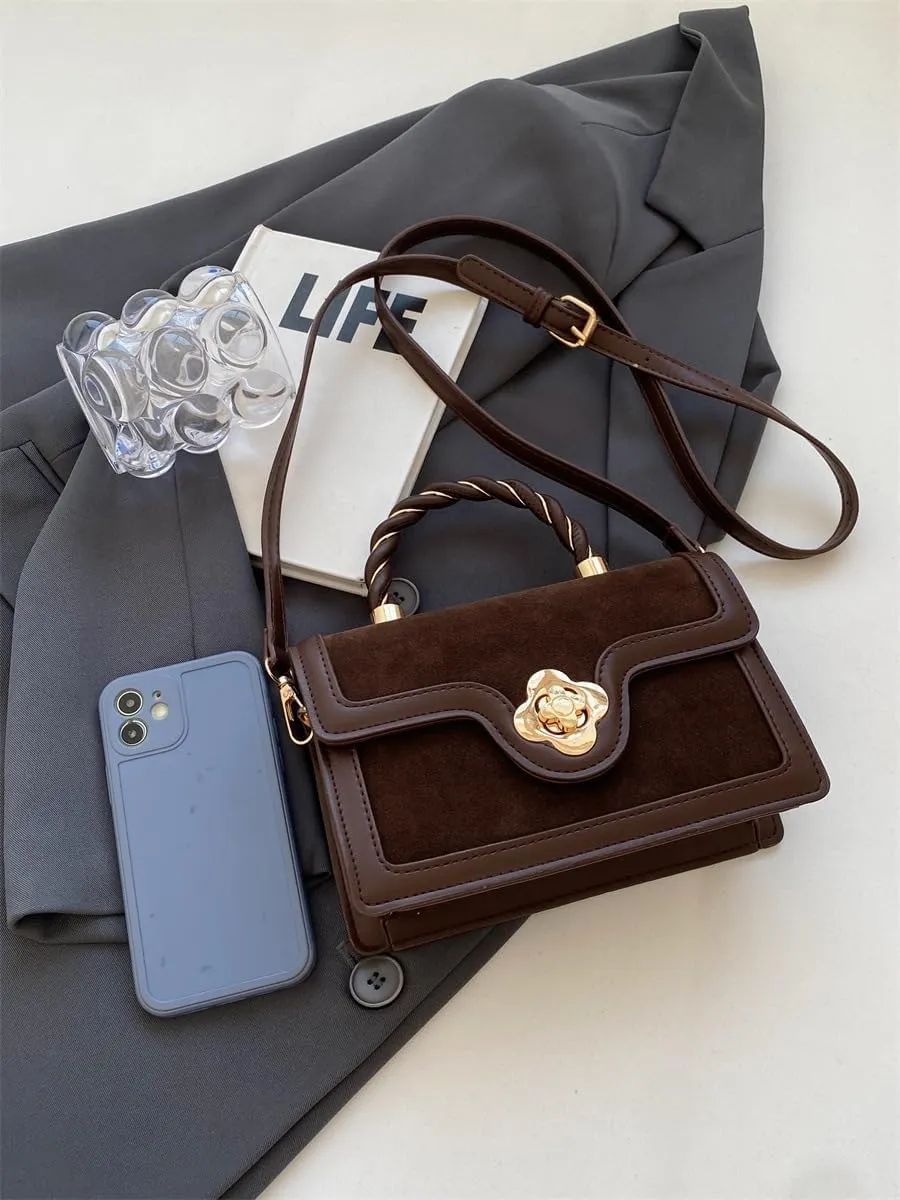 Simple retro women's handbags velvet splicing shoulder messenger purses textured stylish hand held small square bags