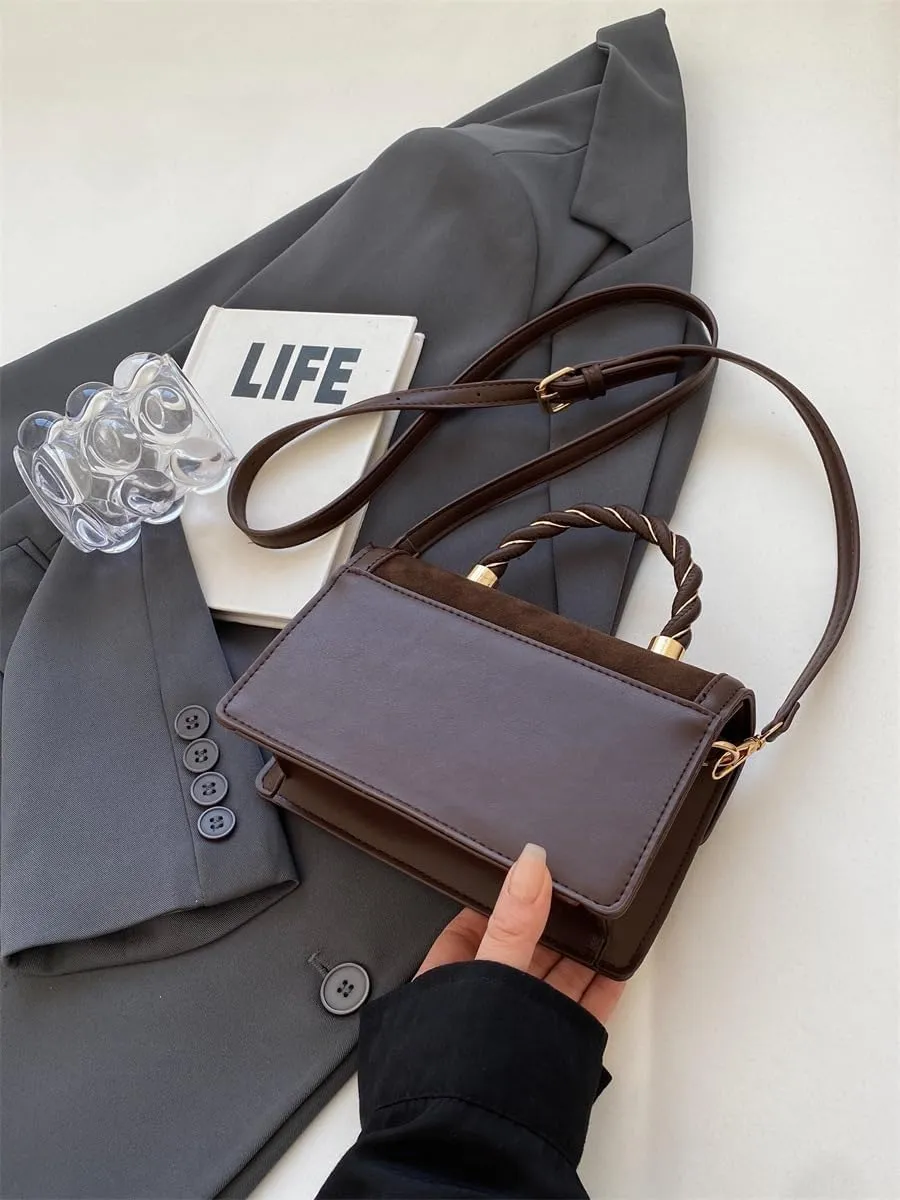 Simple retro women's handbags velvet splicing shoulder messenger purses textured stylish hand held small square bags