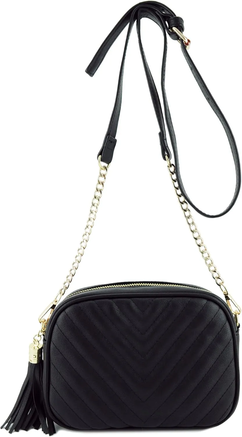 Simple Shoulder Crossbody Bag With Metal Chain Strap And Tassel Top Zipper