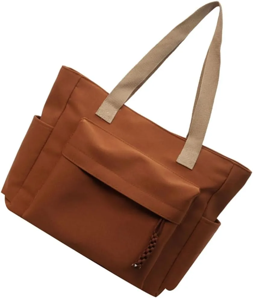 Simple Solid Color Shoulder Bag with Multiple Pockets Casual Large Capacity Womens Fashion Zippered Handbag School Bag