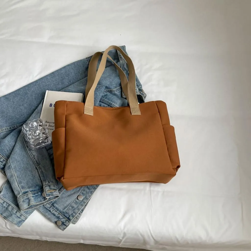 Simple Solid Color Shoulder Bag with Multiple Pockets Casual Large Capacity Womens Fashion Zippered Handbag School Bag