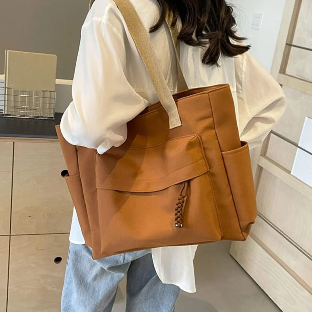 Simple Solid Color Shoulder Bag with Multiple Pockets Casual Large Capacity Womens Fashion Zippered Handbag School Bag