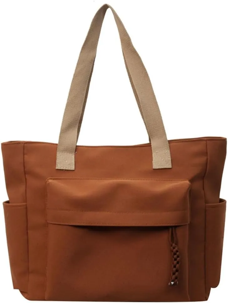 Simple Solid Color Shoulder Bag with Multiple Pockets Casual Large Capacity Womens Fashion Zippered Handbag School Bag