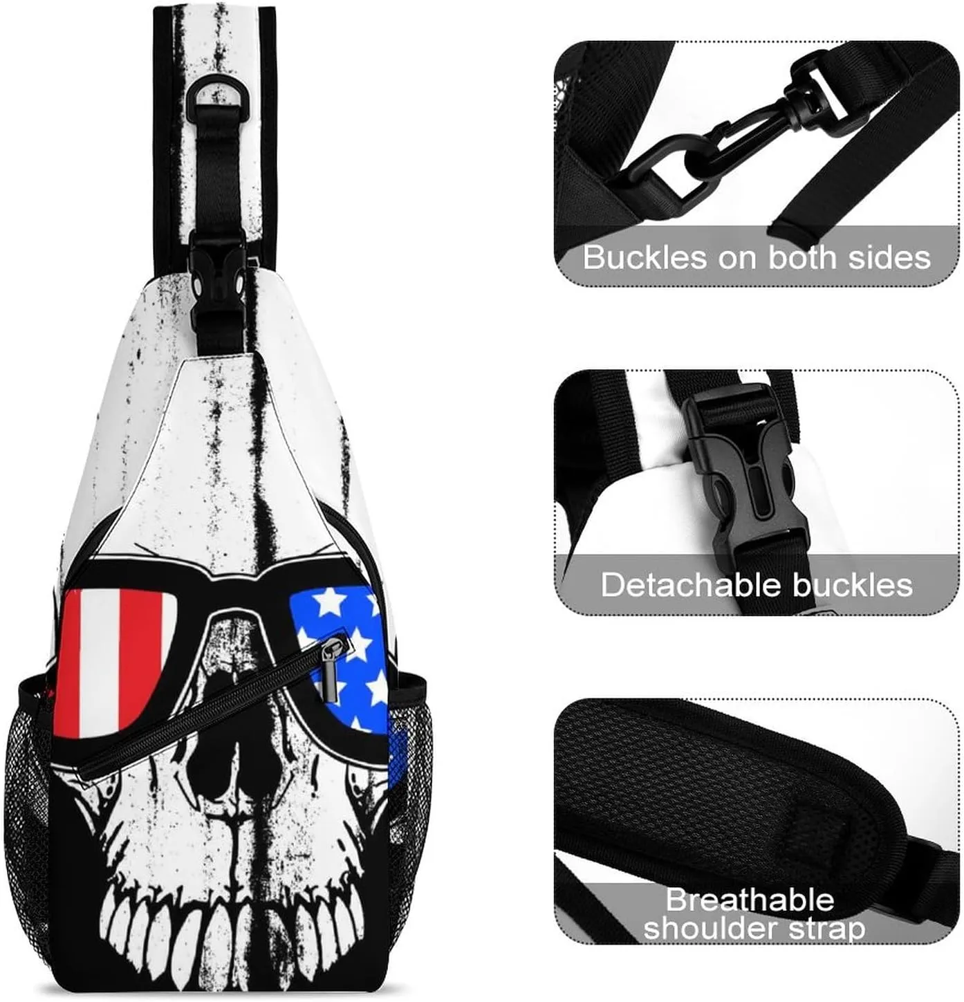 Skull Glasses American Flag Sling Bag for Women Men Crossbody Shoulder Bag with Anti Theft,Multipurpose Chest Bag for Travel,Hiking,Cycling,Camping