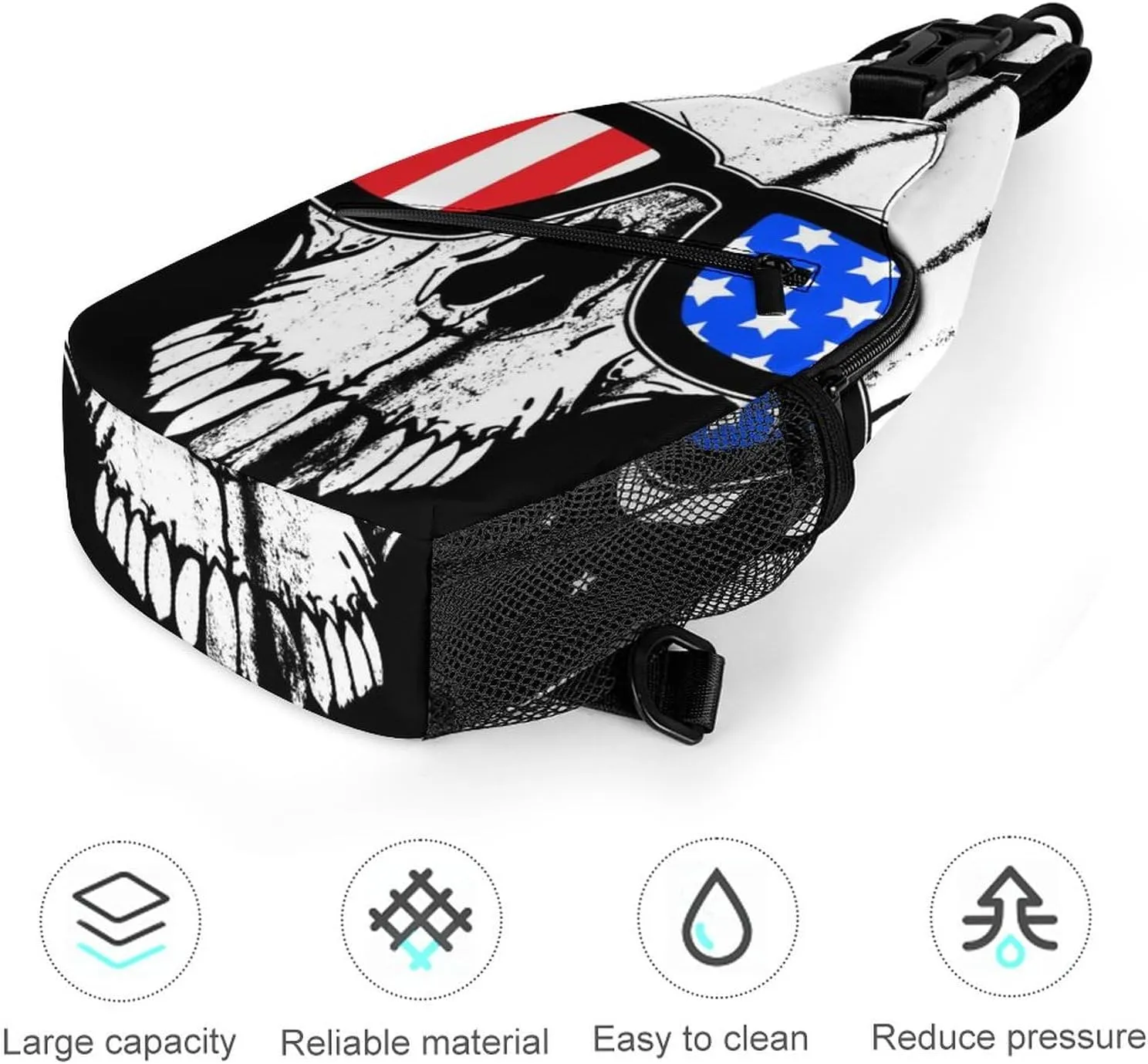 Skull Glasses American Flag Sling Bag for Women Men Crossbody Shoulder Bag with Anti Theft,Multipurpose Chest Bag for Travel,Hiking,Cycling,Camping