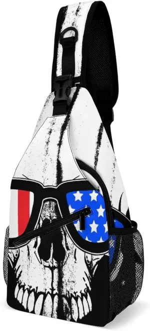 Skull Glasses American Flag Sling Bag for Women Men Crossbody Shoulder Bag with Anti Theft,Multipurpose Chest Bag for Travel,Hiking,Cycling,Camping
