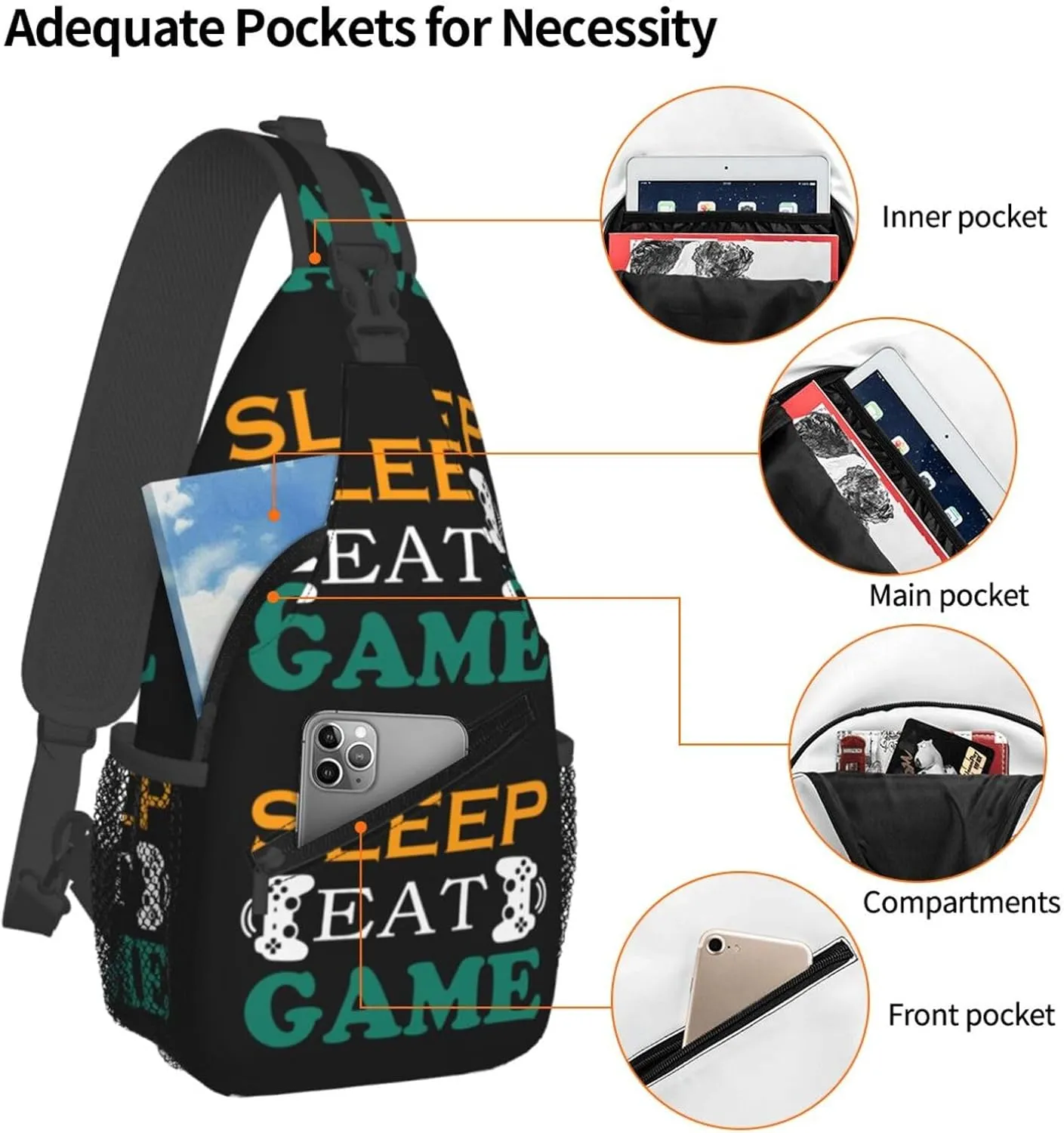 Sleep Eat And Game Outdoor Crossbody Shoulder Bag For Unisex Young Adult Hiking Bicycling