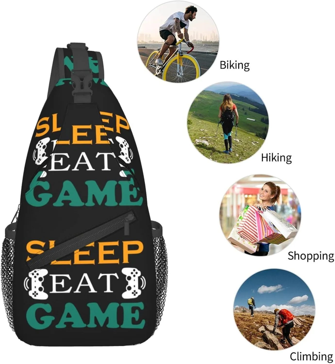 Sleep Eat And Game Outdoor Crossbody Shoulder Bag For Unisex Young Adult Hiking Bicycling