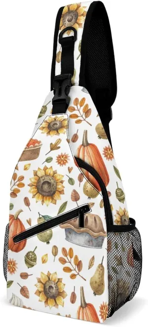 Sling Bag Autumn Pumpkins Watercolor Crossbody Backpack with Anti Theft Yellow Leaves Acorns Adjustable Shoulder Bag for Travel,Hiking,Cycling,Camping