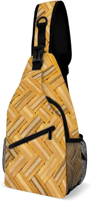 Sling Bag Bamboo Basketry Texture Crossbody Shoulder Backpack Woven Background Adjustable Lightweight Travel Hiking Chest Bag for Men Women
