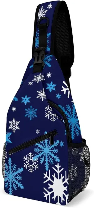 Sling Bag Blue Snowflakes Xmas Crossbody Backpack with Anti Theft Winter Merry Christmas Adjustable Shoulder Bag for Travel,Hiking,Cycling,Camping