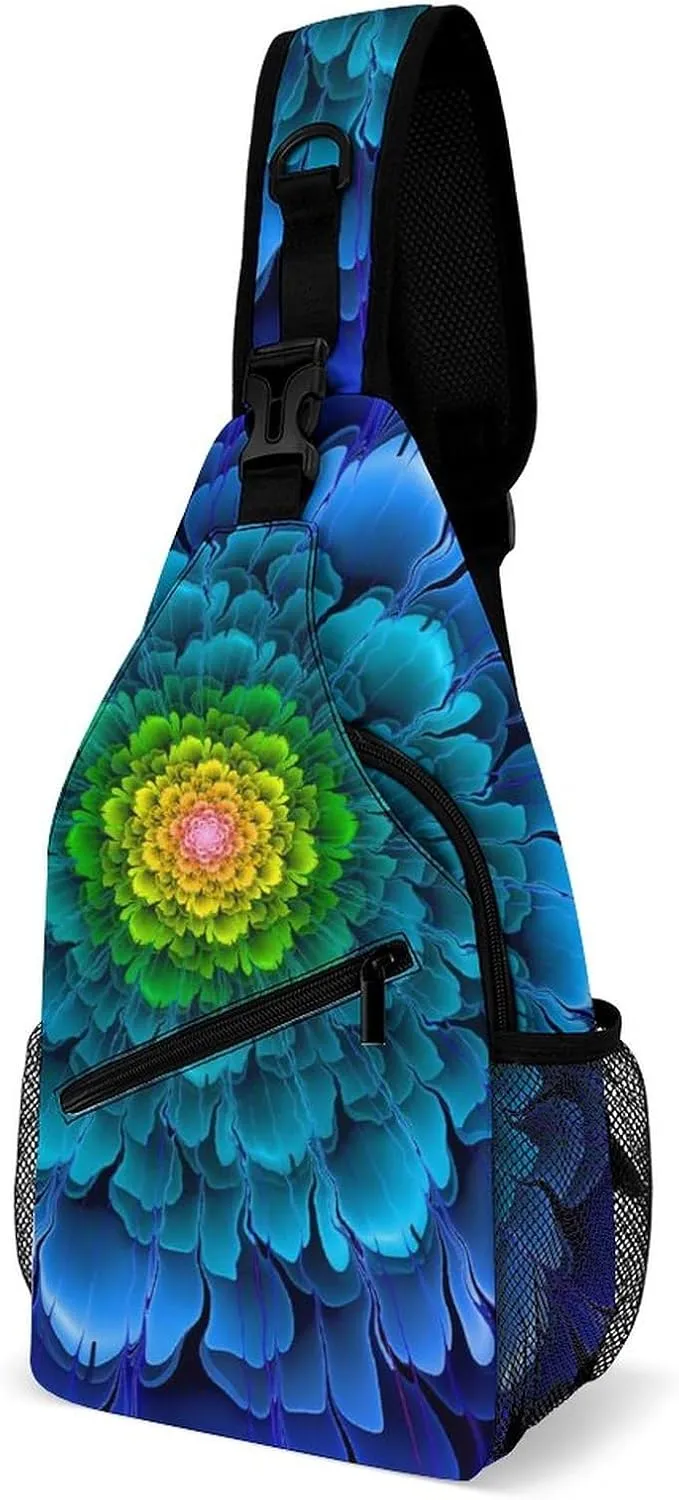 Sling Bag Chest Crossbody Backpack Fractal Flowers Fantasy Travel Hiking Daypack for Women Men with Strap Purse Lightweight Chest Bags