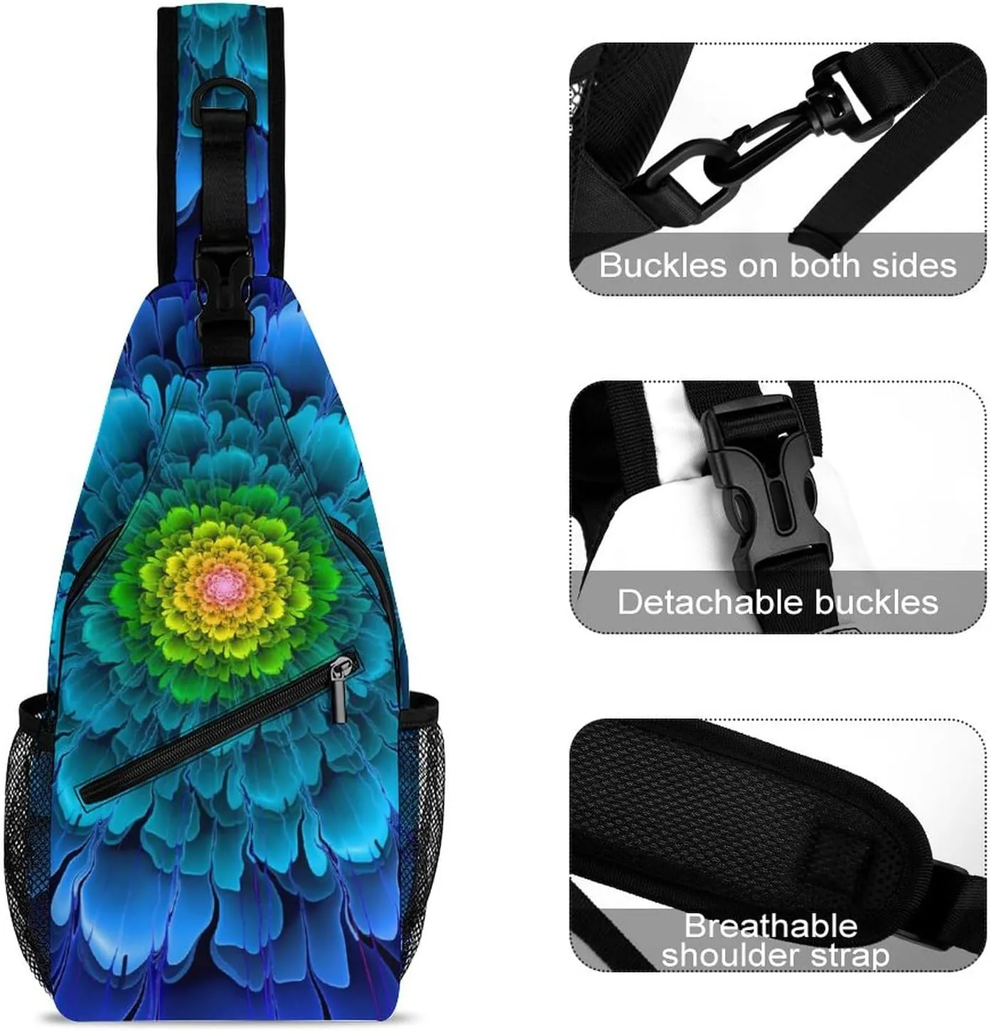 Sling Bag Chest Crossbody Backpack Fractal Flowers Fantasy Travel Hiking Daypack for Women Men with Strap Purse Lightweight Chest Bags