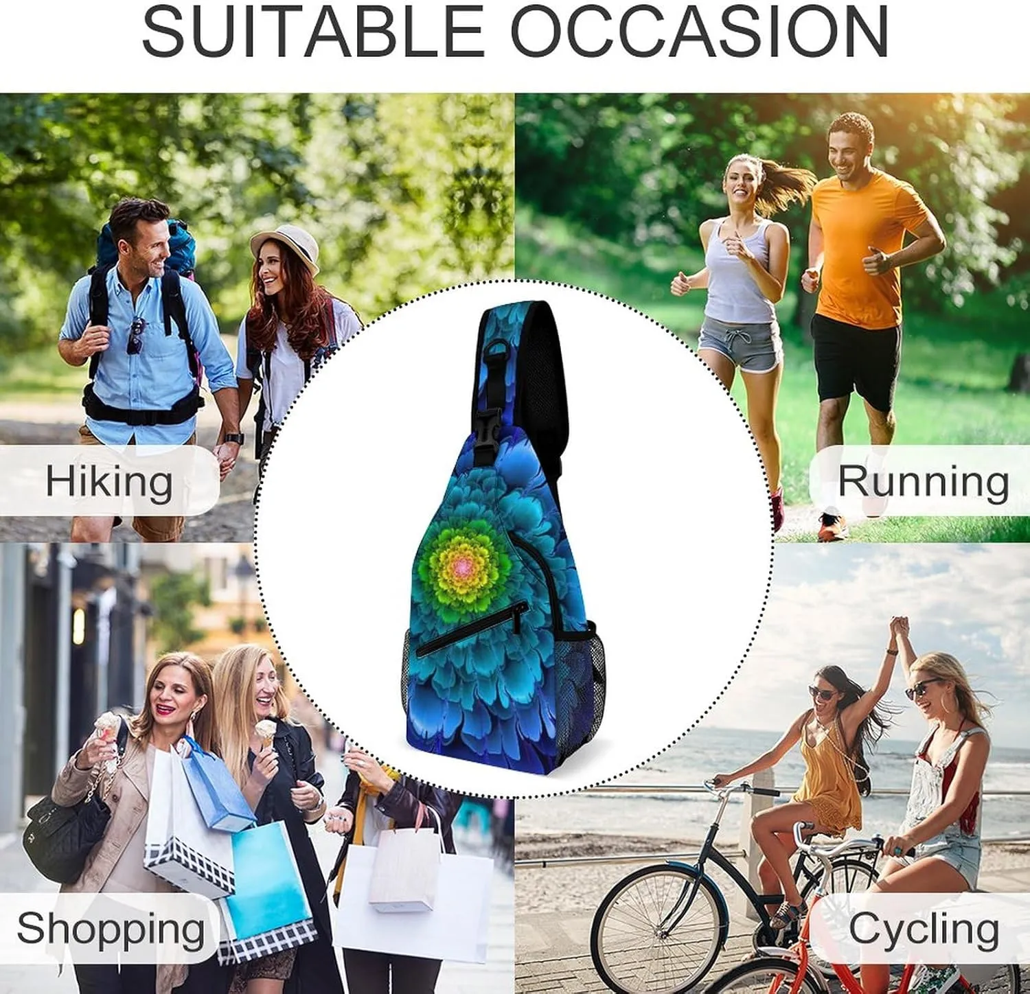 Sling Bag Chest Crossbody Backpack Fractal Flowers Fantasy Travel Hiking Daypack for Women Men with Strap Purse Lightweight Chest Bags