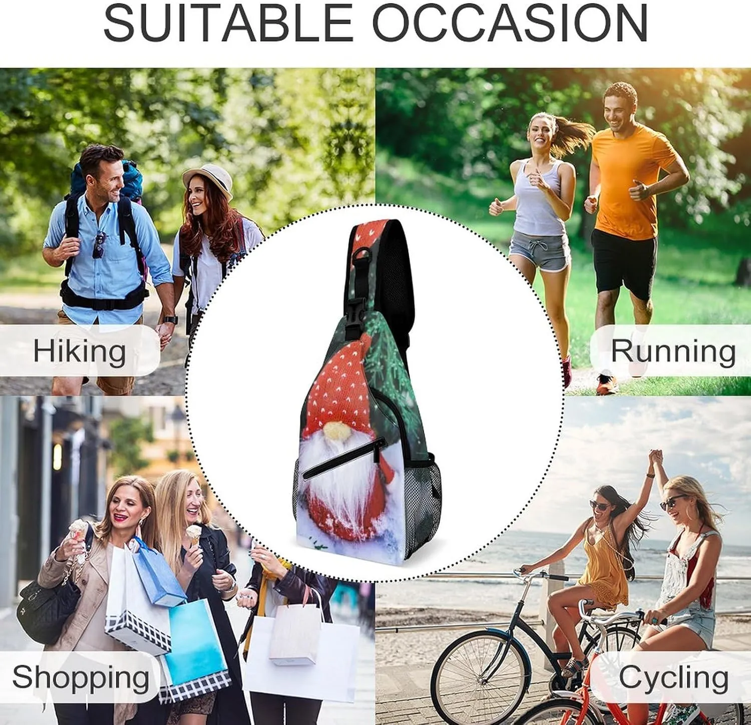 Sling Bag Christmas Cute Gnomes Crossbody Backpack with Anti Theft Winter Bench Snowfall Adjustable Shoulder Bag for Travel,Hiking,Cycling,Camping