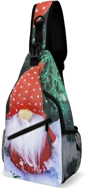Sling Bag Christmas Cute Gnomes Crossbody Backpack with Anti Theft Winter Bench Snowfall Adjustable Shoulder Bag for Travel,Hiking,Cycling,Camping
