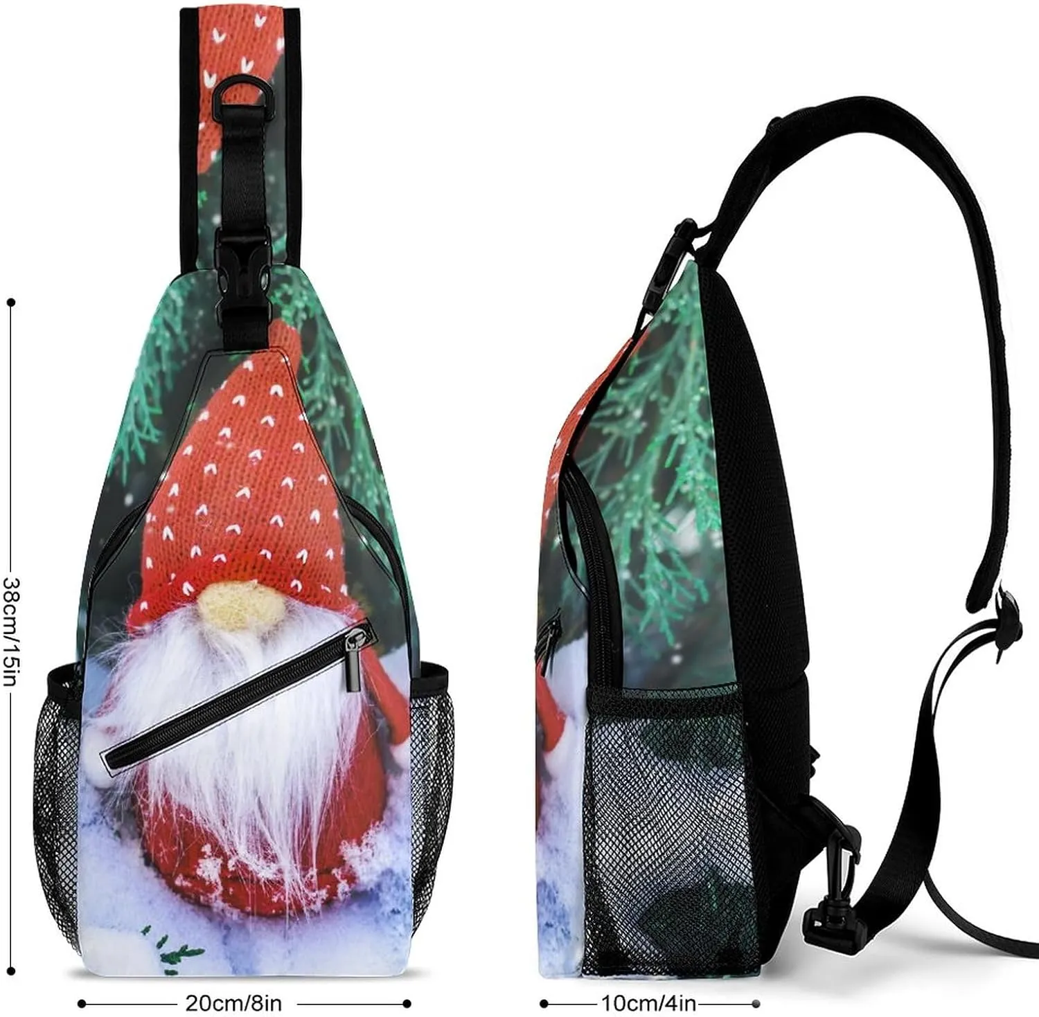 Sling Bag Christmas Cute Gnomes Crossbody Backpack with Anti Theft Winter Bench Snowfall Adjustable Shoulder Bag for Travel,Hiking,Cycling,Camping