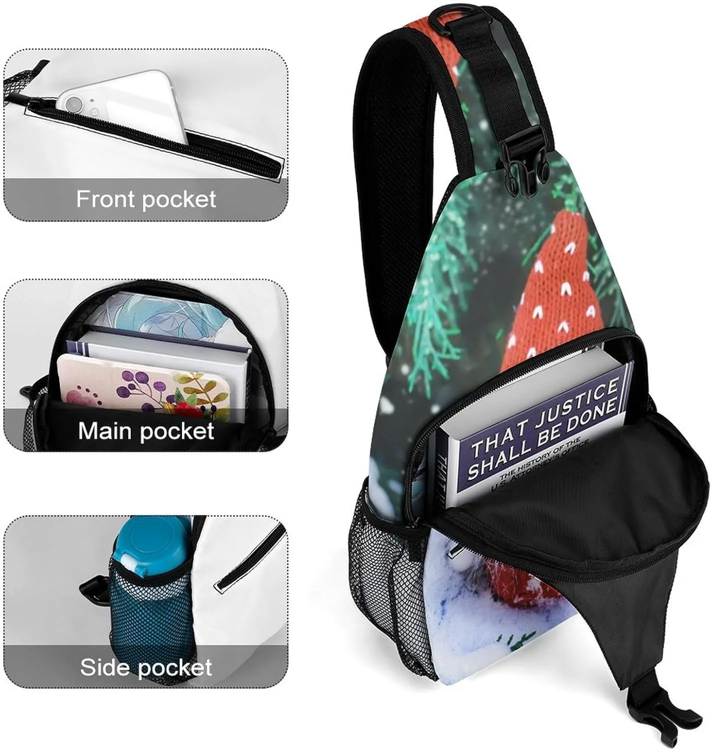 Sling Bag Christmas Cute Gnomes Crossbody Backpack with Anti Theft Winter Bench Snowfall Adjustable Shoulder Bag for Travel,Hiking,Cycling,Camping