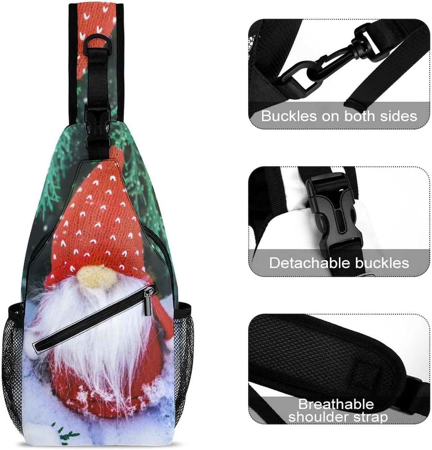 Sling Bag Christmas Cute Gnomes Crossbody Backpack with Anti Theft Winter Bench Snowfall Adjustable Shoulder Bag for Travel,Hiking,Cycling,Camping