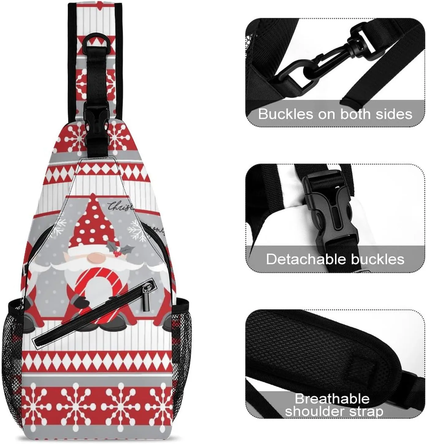 Sling Bag Christmas Cute Gnomes Crossbody Shoulder Backpack Winter Xmas Snowflake Adjustable Lightweight Travel Hiking Chest Bag for Men Women